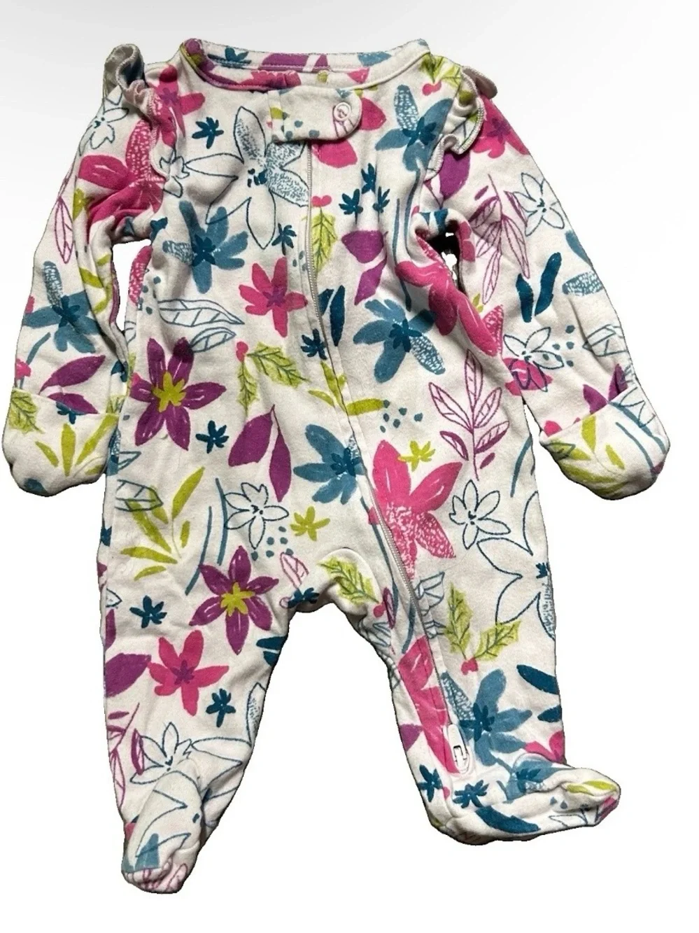 Baby Girl Footie Pajamas Fold Over Mittens 2 Way Zipper Size Newborn